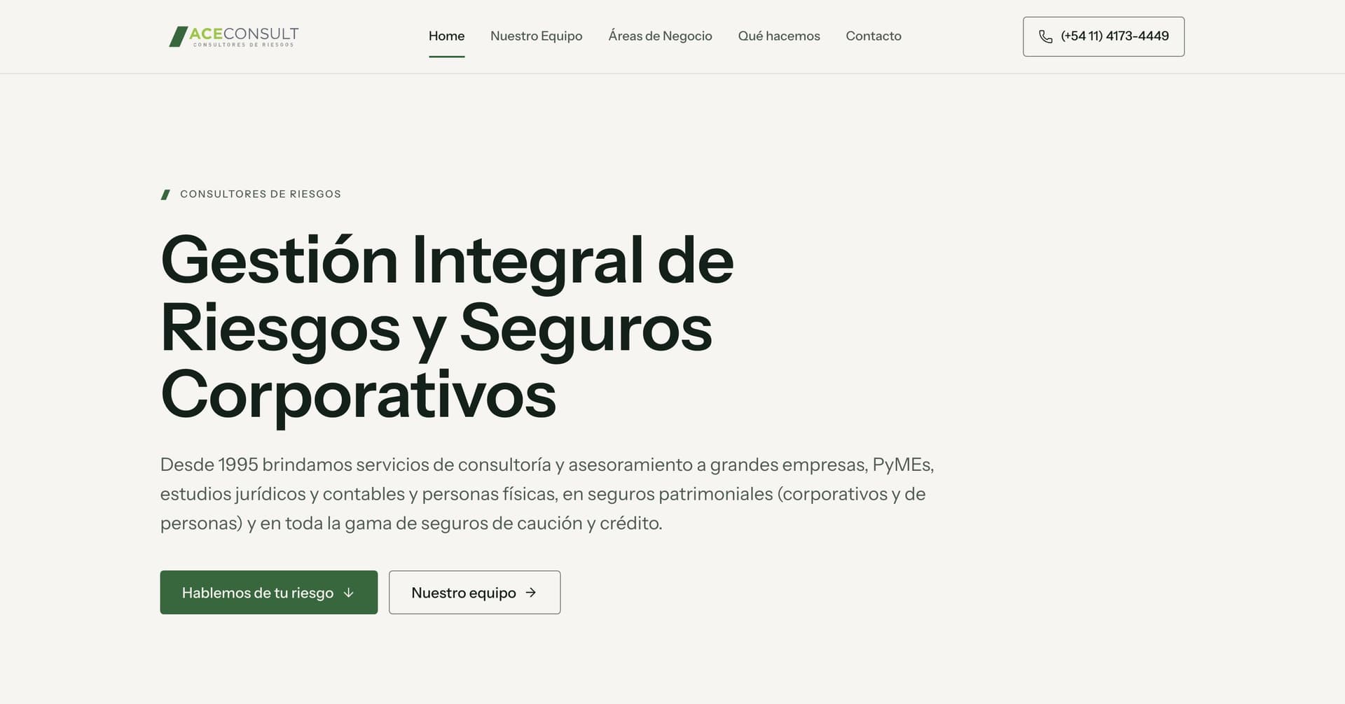 Pantalla principal del sitio de ACEConsult: el título «Consultoría en Seguros Corporativos y Gestión Integral de Riesgos» junto a una vista aérea de Puerto Madero.